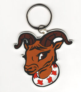 Keychain with a PVC patch of a goat head wearing a collar covered in Canadian Maple Leaves. Indicating Zone West can do custom PVC patches and custom keychains.