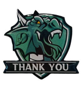 custom silk screen pin that says thank you with a green dragon