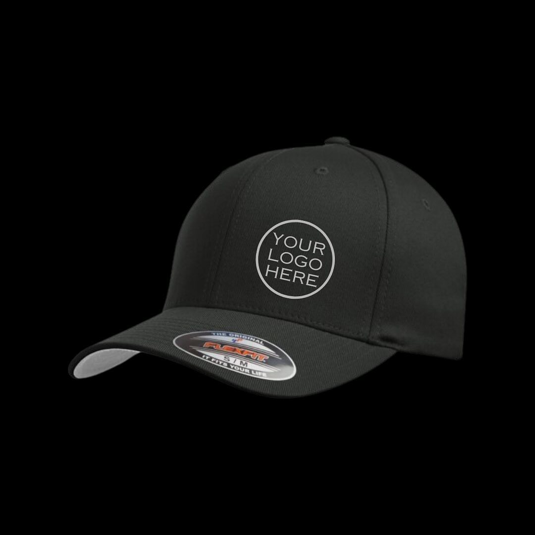 Black hat with embroidery that says "Your Logo Here" indicating that Zone West can do customized hats.