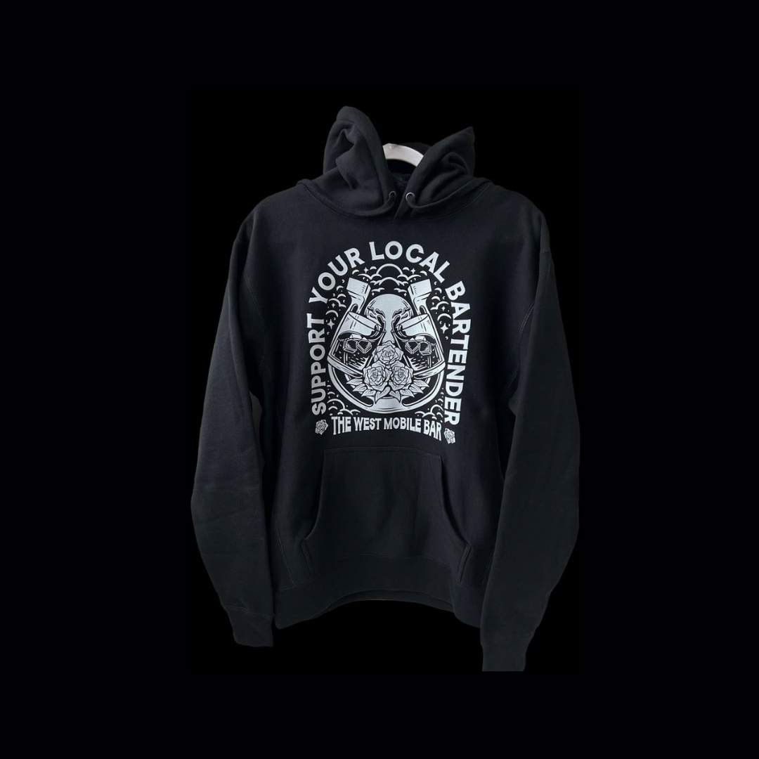 Black hoodie with text that says "Support your local bartender. The West Mobile Bar" surrounding stylized rocks glasses. Indicates that Zone West can do customized hoodies.