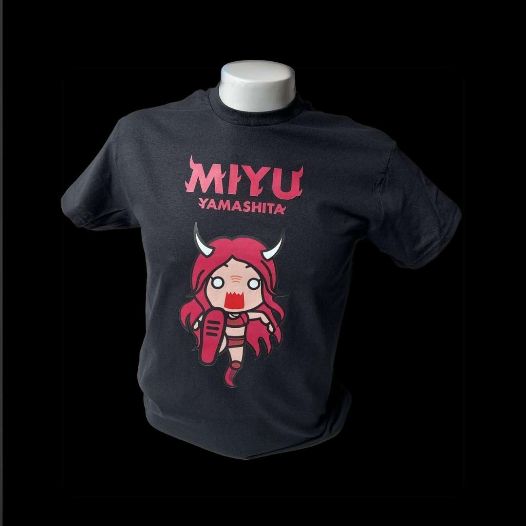 Black t-shirt with the text "Miyu Yamashita" and a chibi-style anime devil-girl, indicating Zone West can do custom printed t-shirts.